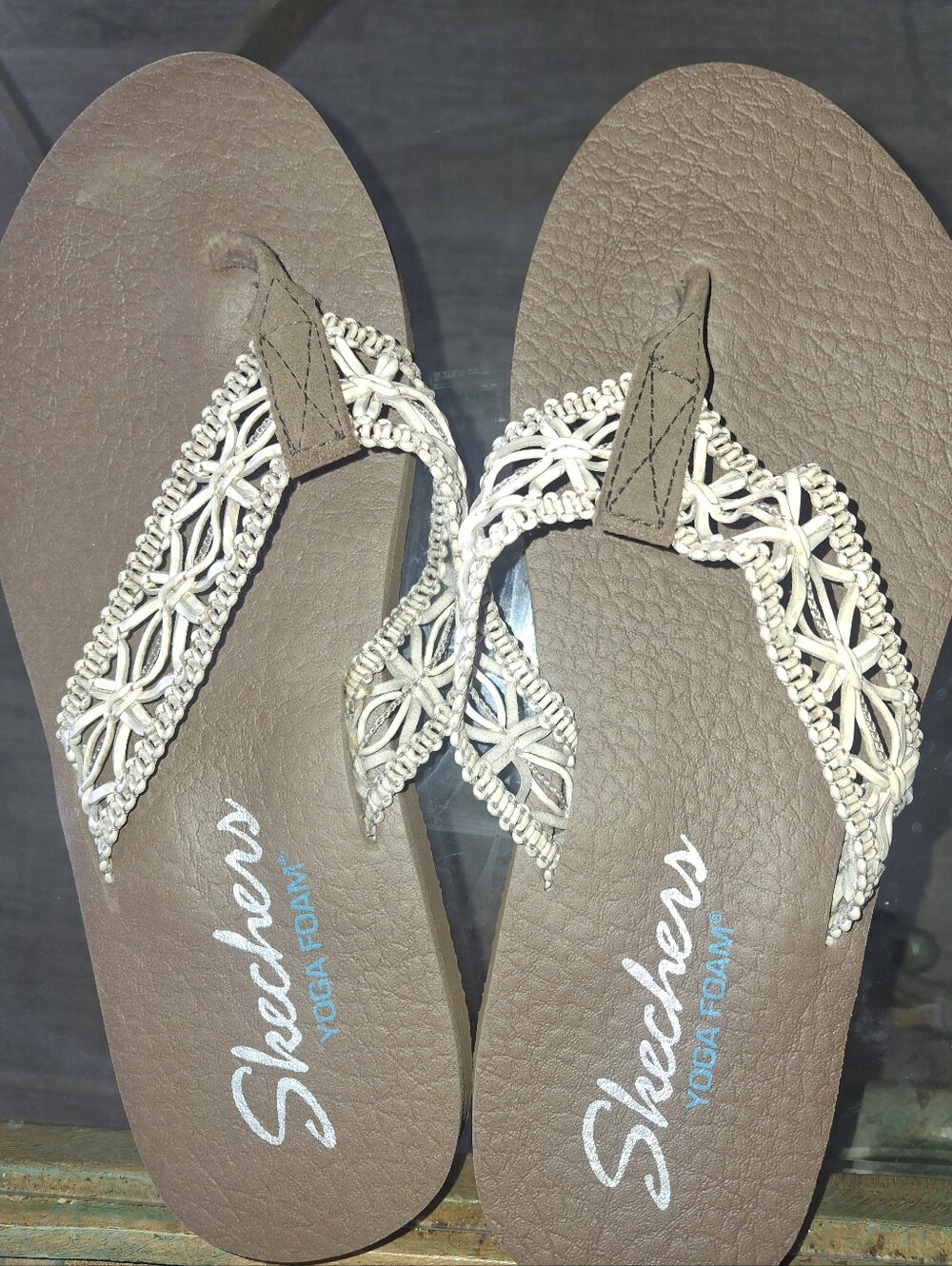 Skechers Brown Flip Flop Sandals with Cream Braided Straps